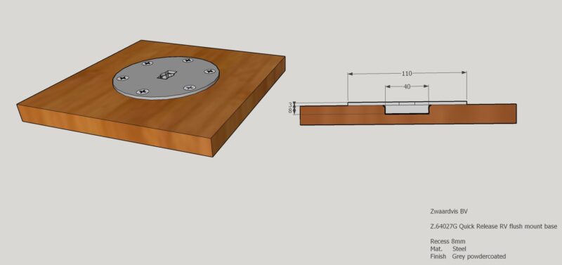 Quick Release RV / flush mount base Ø 110 mm / steel / grey / powder coated / top plate 3 mm / recessed locking part: Ø 40 mm / depth 8 mm